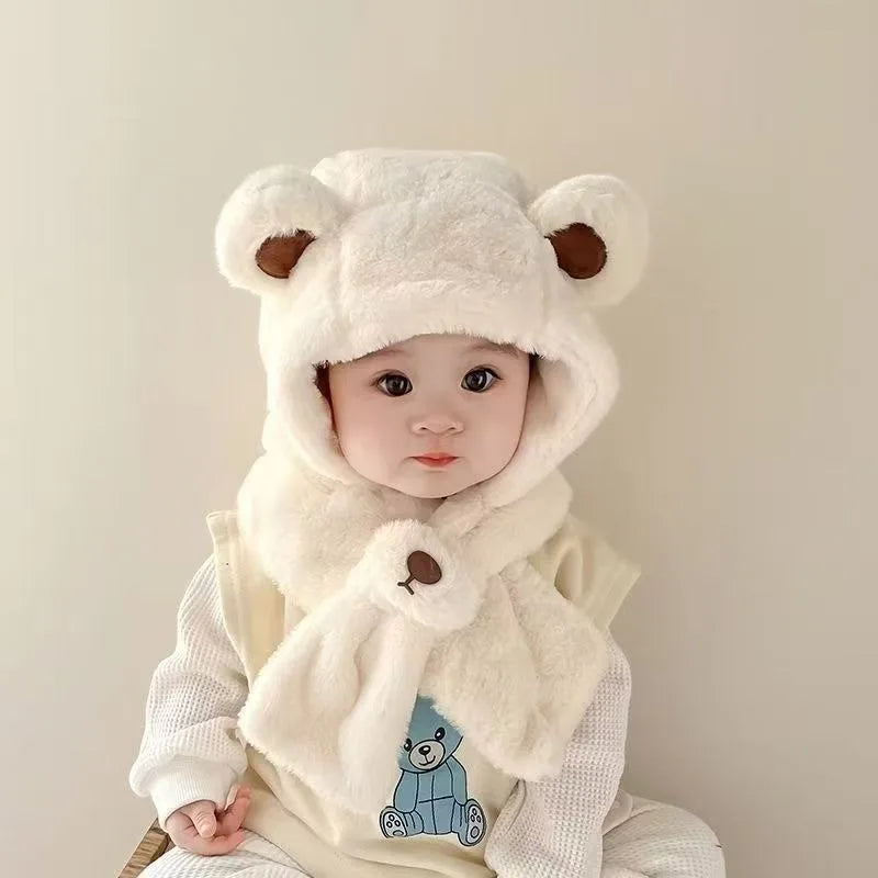 Baby Hat Autumn and Winter Boys' and Girls' Scarves in One Teddy Bear Plush Hat Winter Children's Plush Thickened Windproof Hat