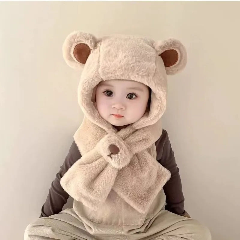 Baby Hat Autumn and Winter Boys' and Girls' Scarves in One Teddy Bear Plush Hat Winter Children's Plush Thickened Windproof Hat