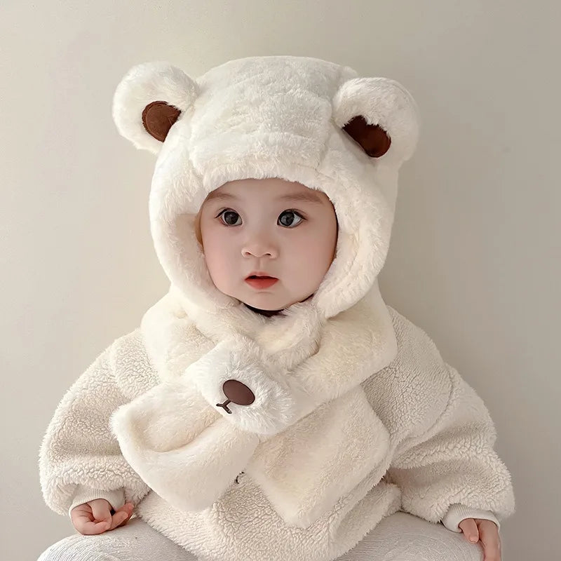 Baby Hat Autumn and Winter Boys' and Girls' Scarves in One Teddy Bear Plush Hat Winter Children's Plush Thickened Windproof Hat