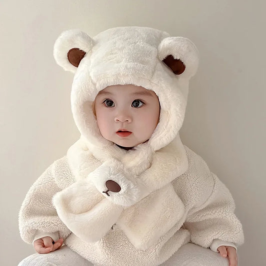 Baby Hat Autumn and Winter Boys' and Girls' Scarves in One Teddy Bear Plush Hat Winter Children's Plush Thickened Windproof Hat