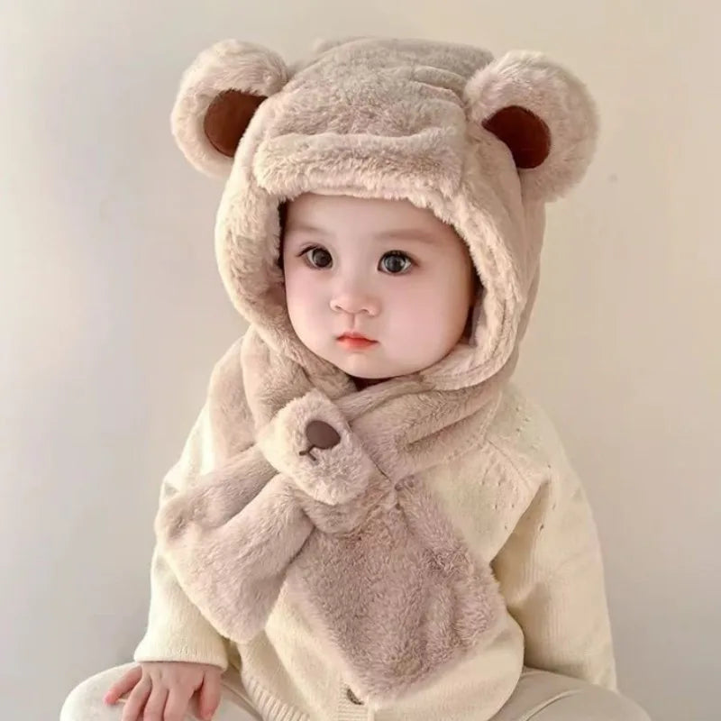 Baby Hat Autumn and Winter Boys' and Girls' Scarves in One Teddy Bear Plush Hat Winter Children's Plush Thickened Windproof Hat