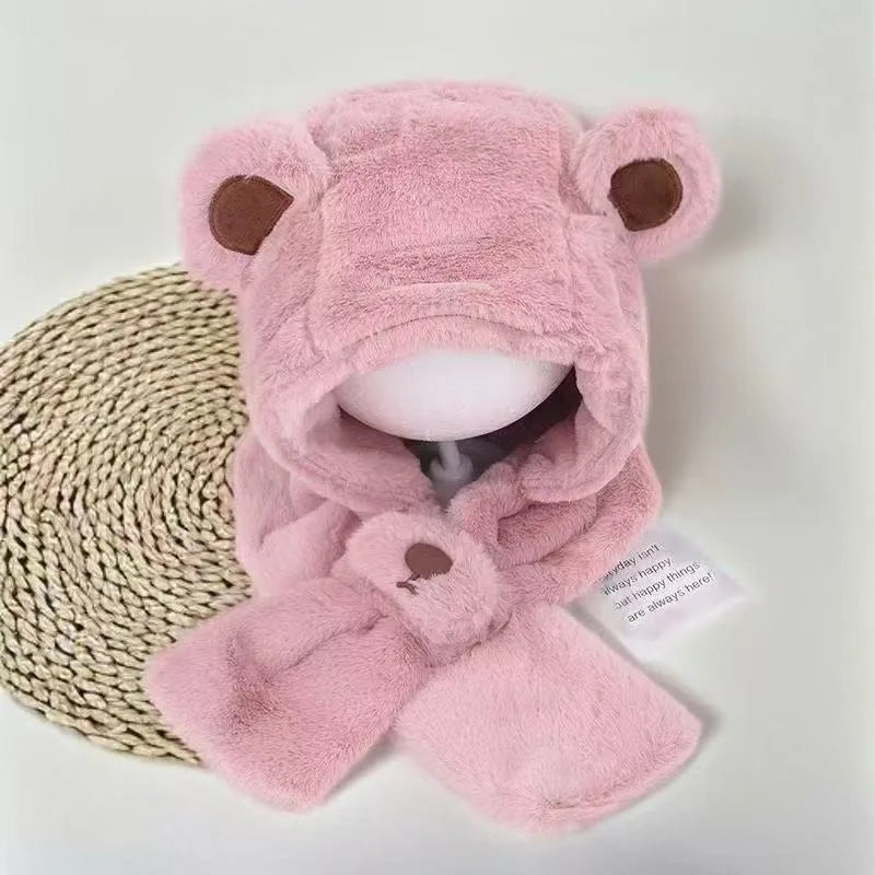 Baby Hat Autumn and Winter Boys' and Girls' Scarves in One Teddy Bear Plush Hat Winter Children's Plush Thickened Windproof Hat