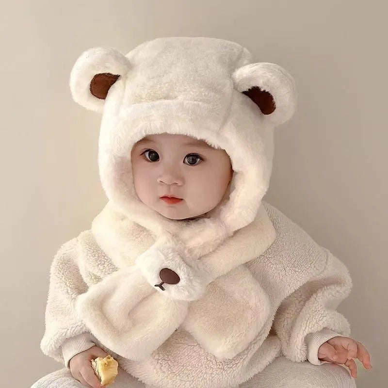 Baby Hat Autumn and Winter Boys' and Girls' Scarves in One Teddy Bear Plush Hat Winter Children's Plush Thickened Windproof Hat