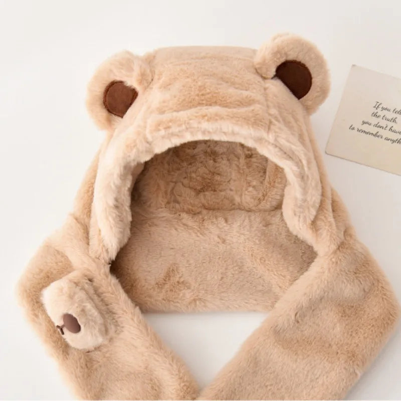 Baby Hat Autumn and Winter Boys' and Girls' Scarves in One Teddy Bear Plush Hat Winter Children's Plush Thickened Windproof Hat