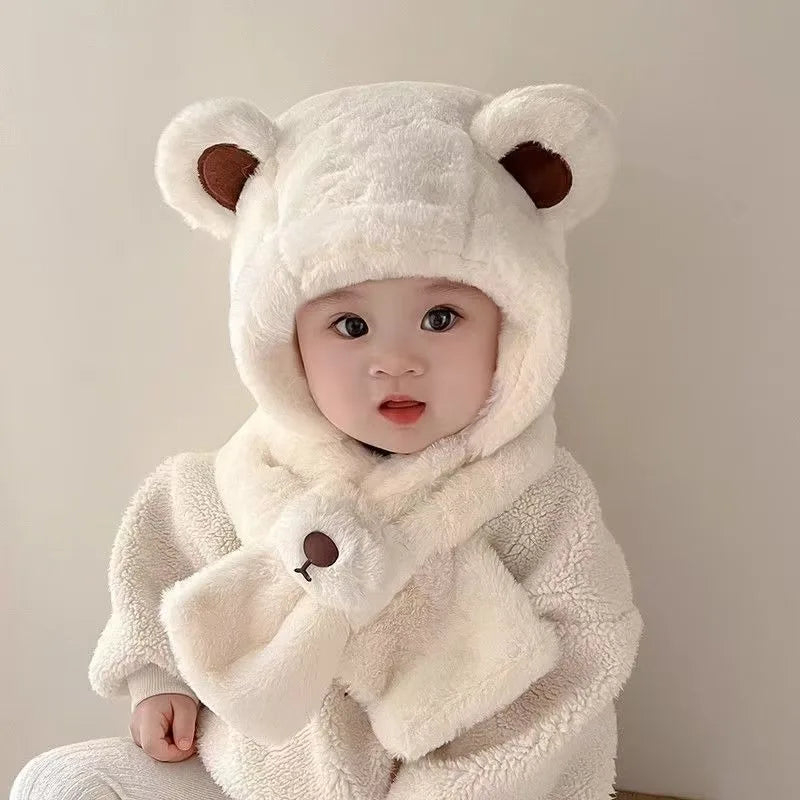Baby Hat Autumn and Winter Boys' and Girls' Scarves in One Teddy Bear Plush Hat Winter Children's Plush Thickened Windproof Hat